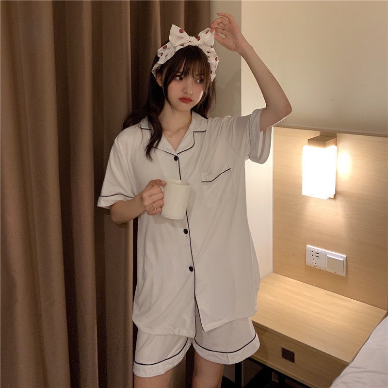 Bộ Đồ Ngủ Tay Ngắn Bằng Cotton Màu Trơn In Chữ Đơn Giản Dành Cho Nam Nữ