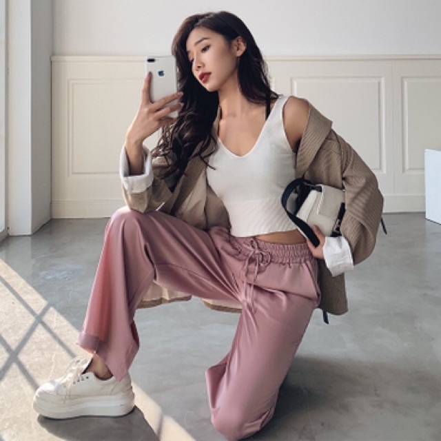 Quần suông lưng thun ống rộng lụa satin cao cấp | BigBuy360 - bigbuy360.vn