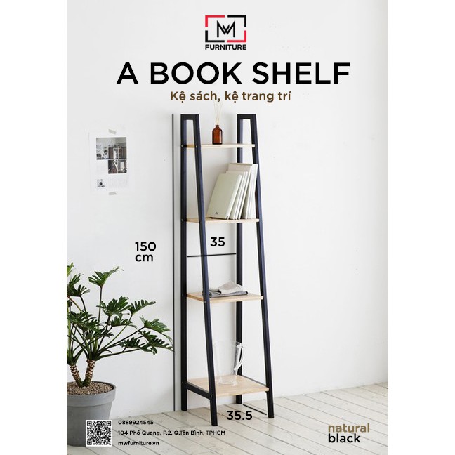 KỆ SÁCH HÀN QUỐC 4 TẦNG, A BOOK SHELF SIZE S - MÀU ĐEN PHỐI GỖ