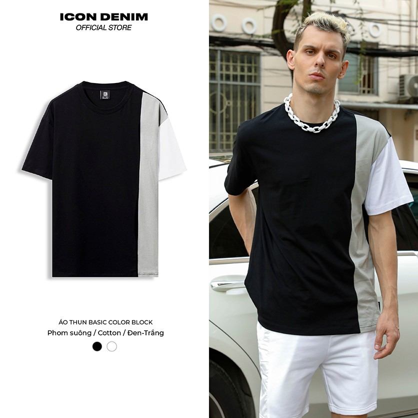 Áo Thun Nam Tay Ngắn ICON DENIM Dáng Oversize Basic Color Block, Chất Liệu Cotton Cao Cấp Thoáng Mát
