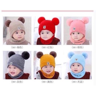 Set khăn + mũ len 2 quả bông cho bé