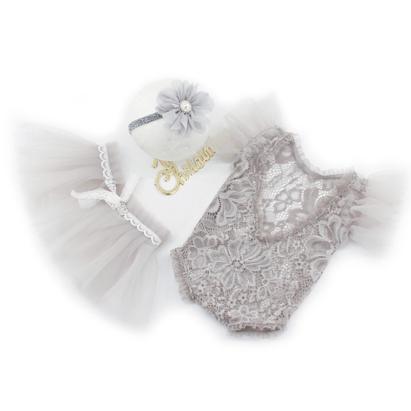 Bộ Trang Phục 3 Món Gồm Áo Liền Quần Không Tay Viền Ren Có Diềm Xếp Nếp + Chân Váy Tutu + Băng Cài