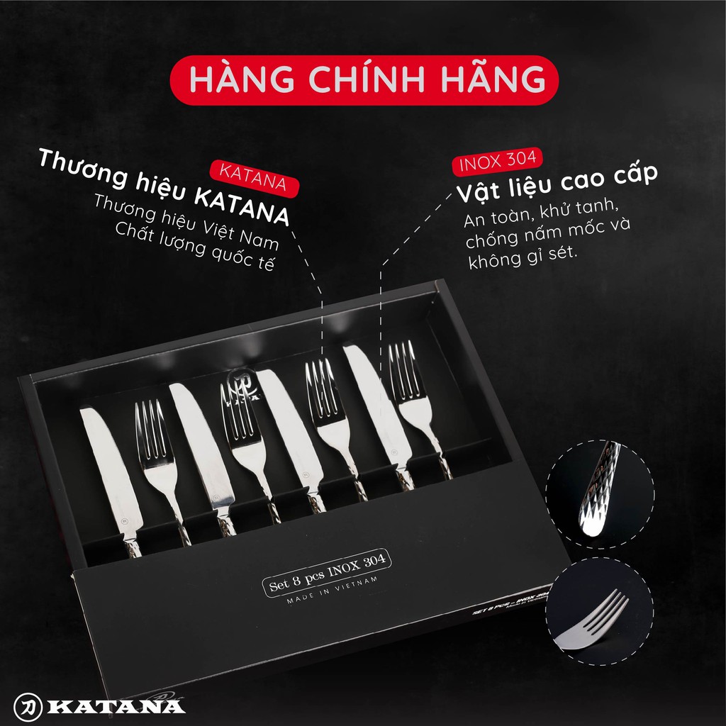 Set 8 dao dĩa ăn bít tết inox 304 KATANA Crystal cao cấp, sang trọng, tinh tế - CHỐNG BÁM VÂN TAY - VTK384