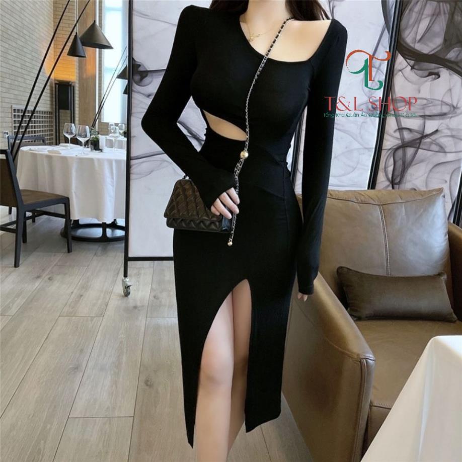 Đầm Body Tay Dài Khoét Eo Xẻ Tà Trước Cá Tính Tôn Dáng Gợi Cảm