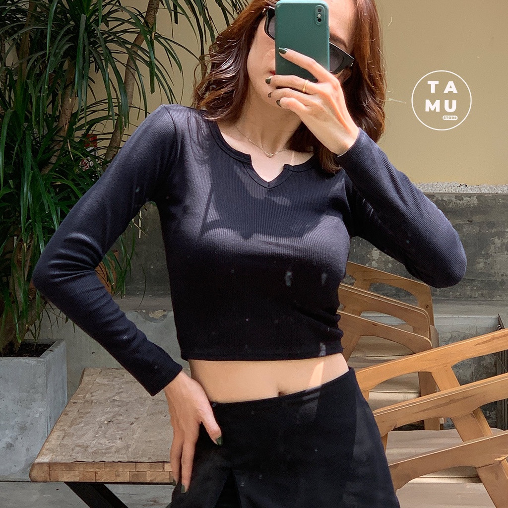 Áo croptop tay dài cổ chữ V kiểu dáng basic - CT09