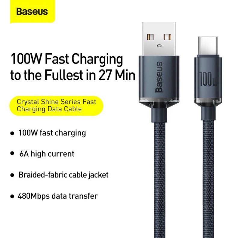 Cáp Sạc Siêu Nhanh USB to Type-C 100W Baseus CAJY0004 Crystal Shine Series Fast Charging