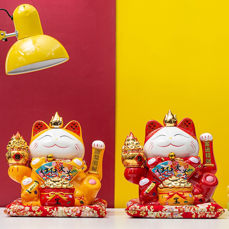 Mèo Thần Tài vẫy tay Mèo May Mắn Mèo Tài lộc Nhật Bản Maneki Neko bắng gốm sứ 20cm