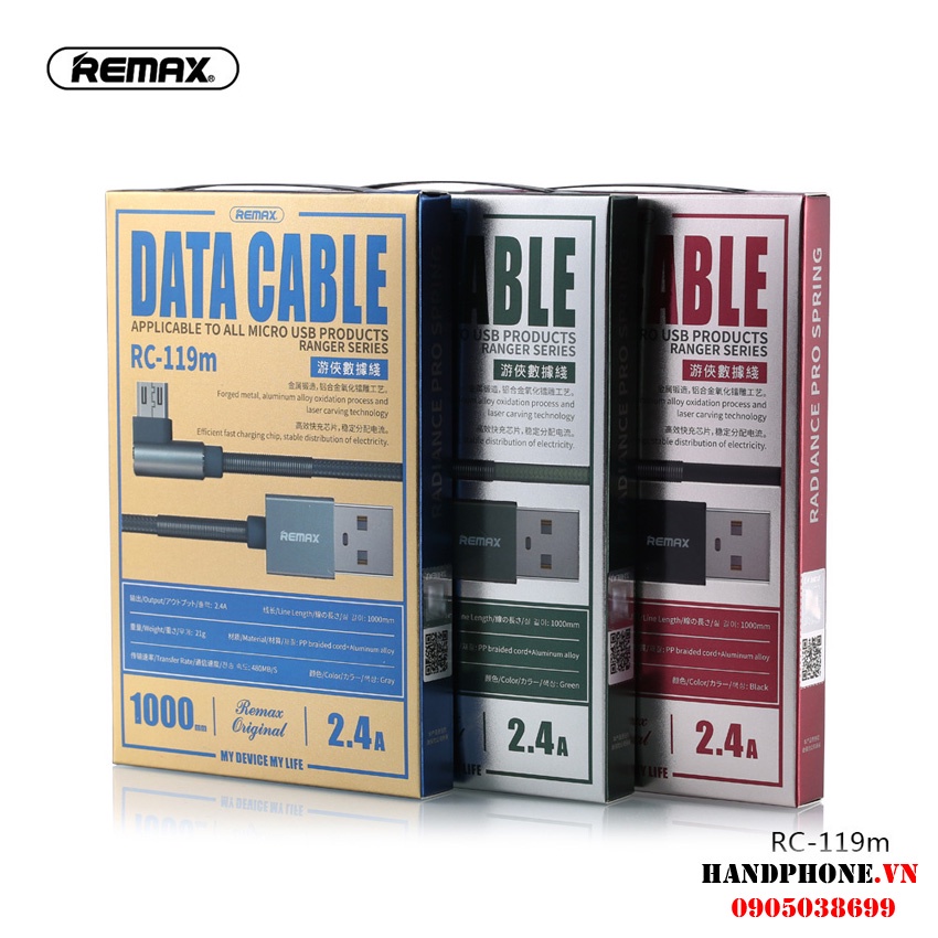 Cáp Sạc Nhanh Remax RC-119 Cổ Quấn Lò Xo Chống Gãy,Chân Chữ L  Tùy Chọn Màu
