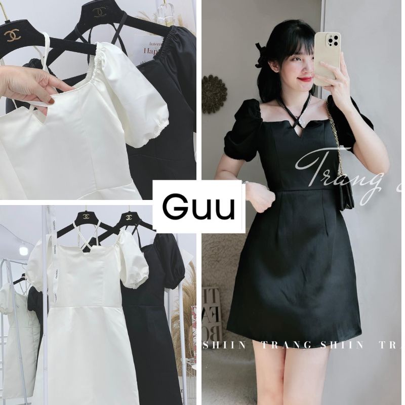 Váy nữ cộc tay cổ vuông thiết kế hai màu trắng, đen phong cách Hàn Quốc GUU