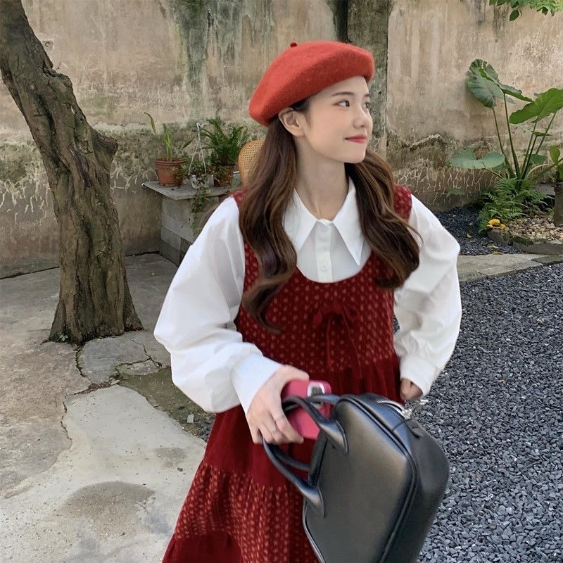 Đầm Yếm Hai Mảnh Màu Đỏ Phong Cách Giáng Sinh Retro Thời Trang Thu Đông Cho Nữ