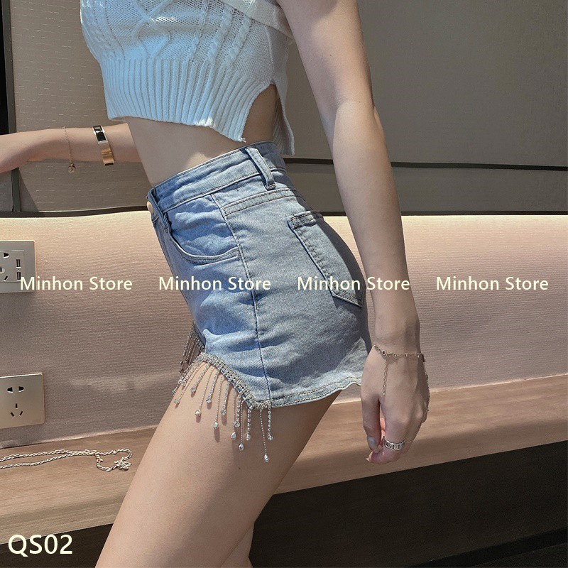 [Freeship] Quần Short Jean Nữ Đính Đá Gấu Tua Rua Quyến Rũ (Minhon Store QS02)