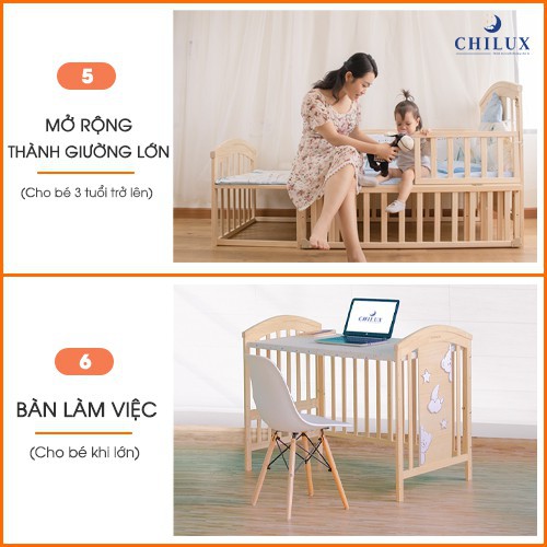 Giường cũi cao cấp trẻ em Chilux đa chức năng trọn bộ nệm xơ dừa và quây đệm cotton - Tặng kèm mùng và bàn thay tã