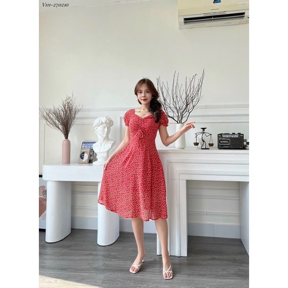 V111 Váy Hoa Nhí Rút Ngực Cho Con Bú