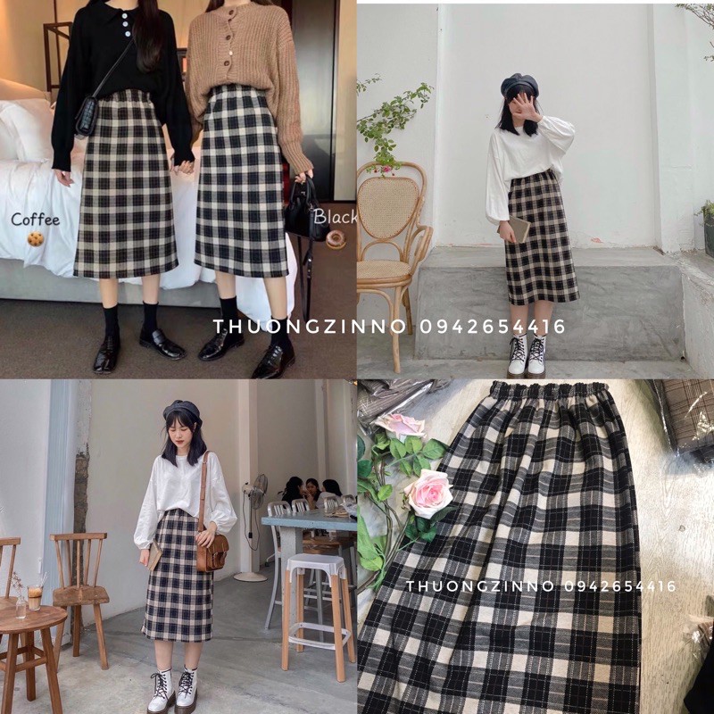 Chân váy dài chất dạ Quảng Châu Chân váy kẻ caro dáng suông vintage phong cách Hàn Quốc