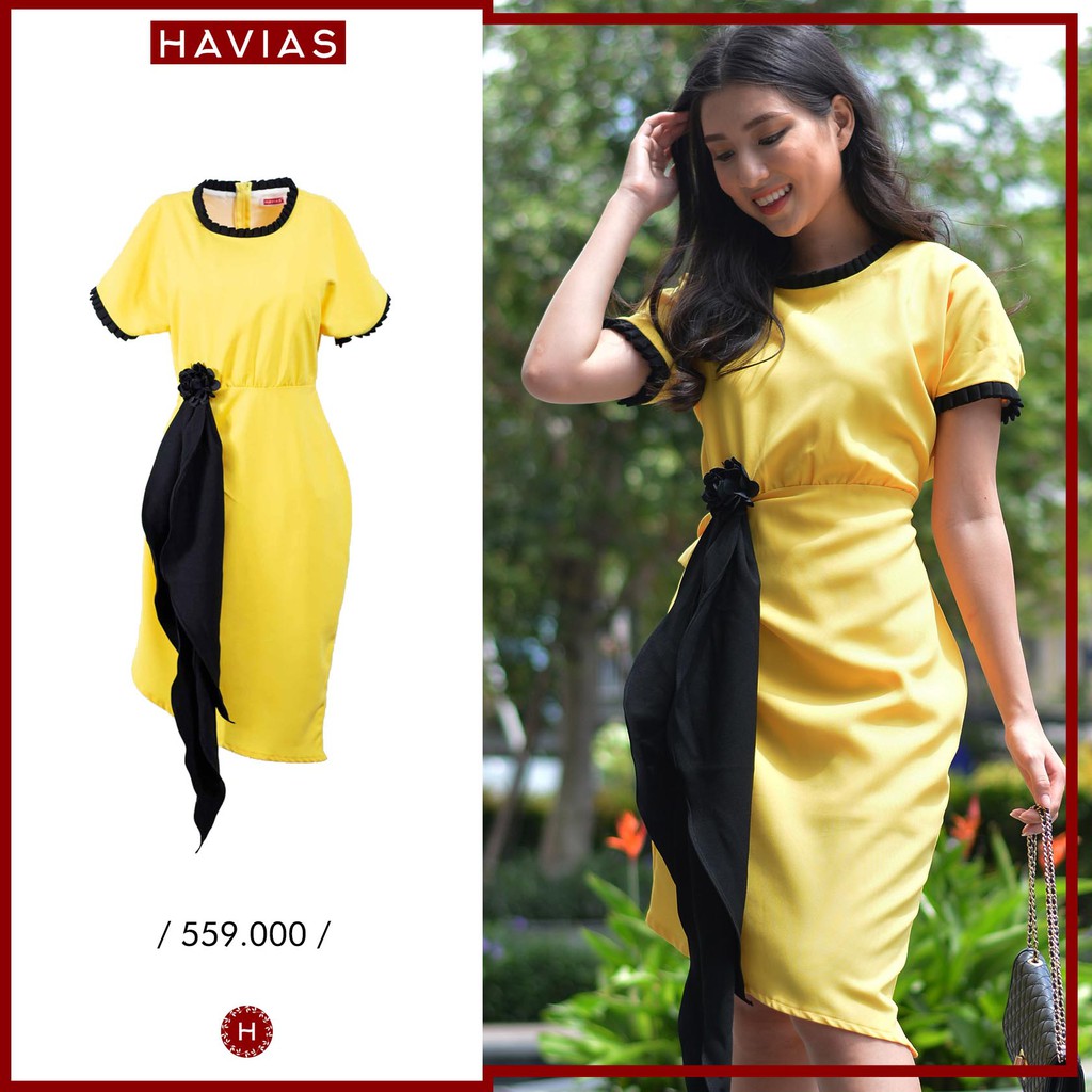 Đầm Pleated Neck Sleeve Black Band Yellow Dress HAVIAS