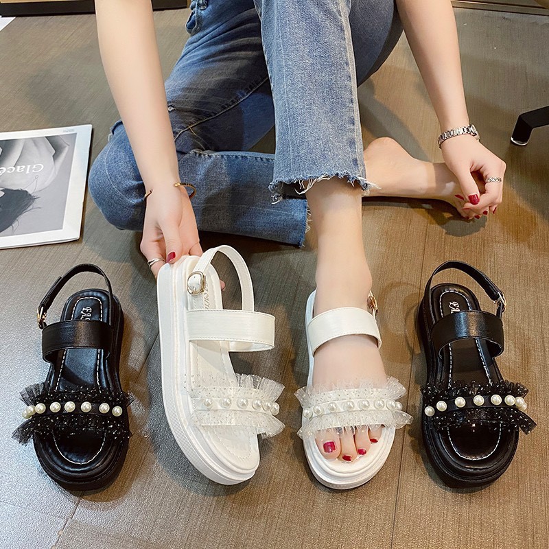 (S119) Sandal nữ đế bánh mì 3 phân quai ren ngọc (mã 2202-ren ngọc)