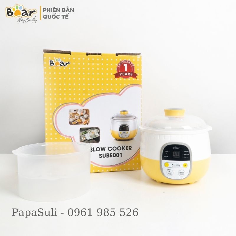 Nồi nấu cháo chậm Bear  SUBE001 Đồ dùng ăn dặm cho bé Đa năng Nấu và hấp cùng lúc Dung tích 0,8L Bảo hành 18 tháng