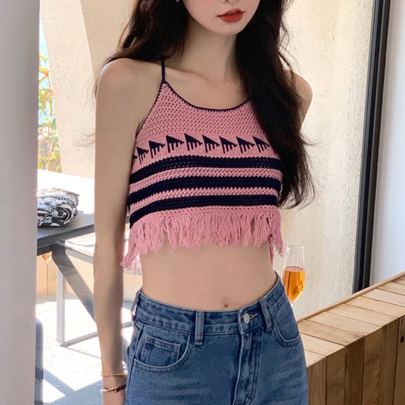 Áo Hai Dây Dệt Tay Phối Tua Rua Thời Trang Mùa Hè Quyến Rũ Cho Nữ