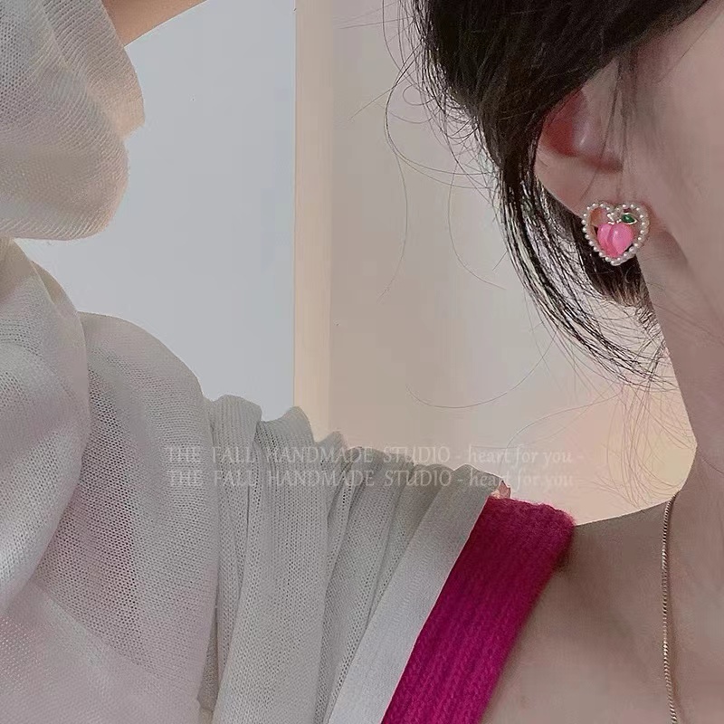 Bông Tai Mạ Bạc 925 Hình Trái Tim / Quả Đào Xinh Xắn Thời Trang Cho Nữ