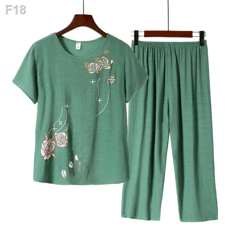 cotton của phụ nữ trung và già Bộ đồ ngủ ngắn tay bằng vải lanh cho bà ngoại cỡ lớn hai mảnh phục vụ tại nhàC