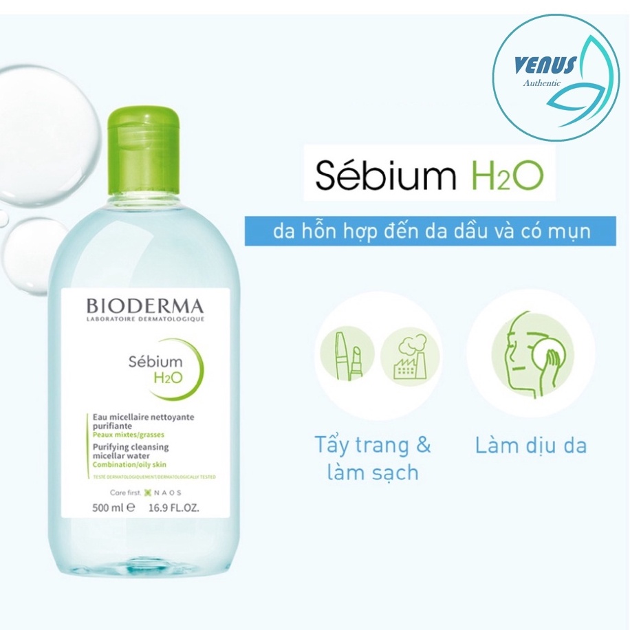 Nước tẩy trang Bioderma 500ml Pháp cho da dầu mụn, da khô &amp; da nhạy cảm - Bản nội địa Pháp