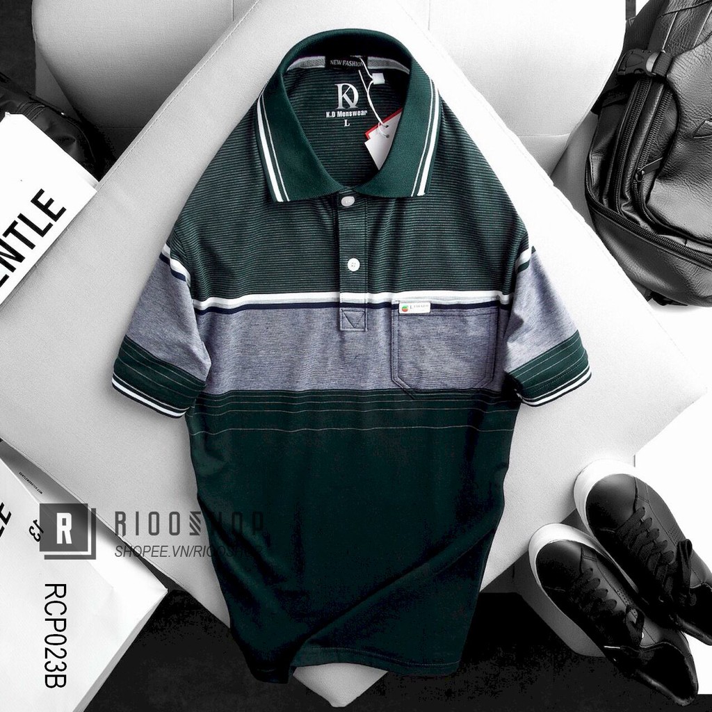 Áo thun nam có cổ có túi trung niên sọc dệt hàng cao cấp RCP023B - áo polo nam cotton Riooshop | BigBuy360 - bigbuy360.vn