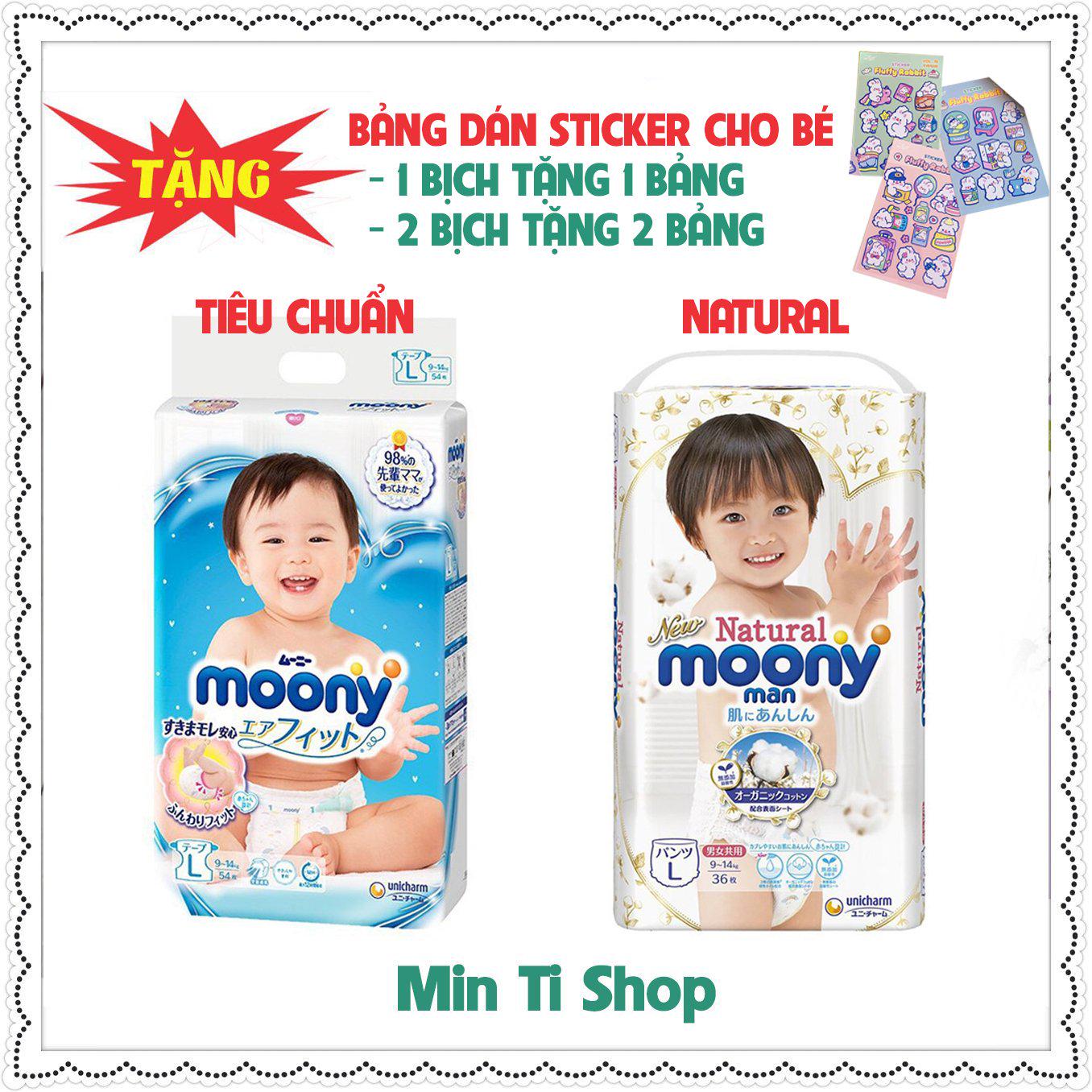 Tã dán/quần bỉm Moony xanh tiêu chuẩn NB90/S84/M64/M58/L54/L44/XL38/XXL26