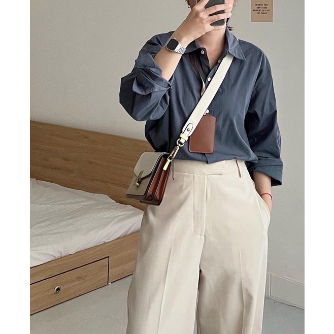 Áo Sơmi basic chất cotton thô tay dài freesize phong cách Hàn