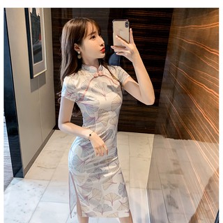 ( Sẵn  ) Sườn xám hoa xẻ tà 2 bên cổ điển xinh xinh
