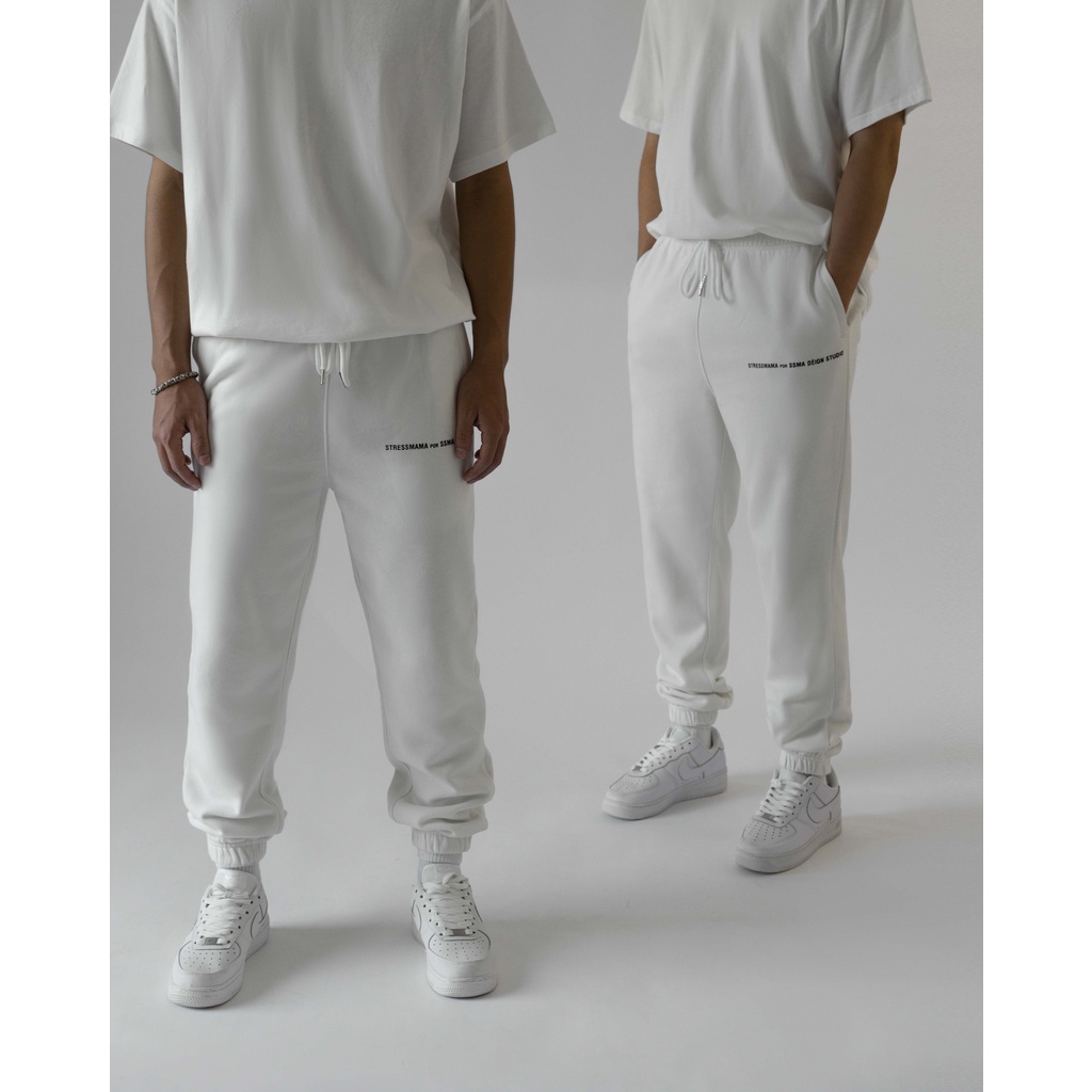 Stressmama Quần Dài Sweatpants màu trắng, chất liệu nỉ bông Cotton, Form Oversize thoải mái Local Brand
