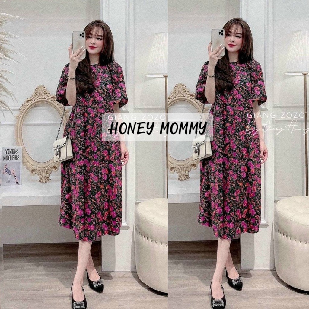 Váy Bầu Hoa Nhí Cổ Tròn Tay Bồng Dáng Suông Đầm Bầu Mùa Hè Dáng Dài HD2822 Honey Mommy