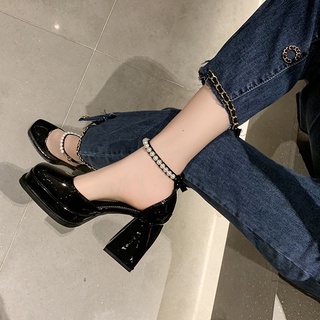 Sẵn hàng _ Giày lolita , giày cao gót nữ đế trụ 9cm quai cài đính ngọc cao cấp