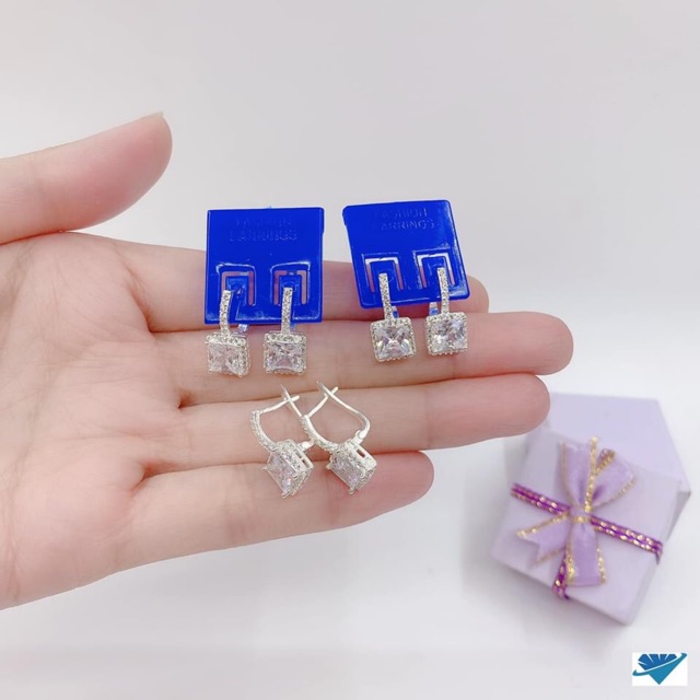 BÔNG TAI MẶT ĐÁ VUÔNG KHOEN BẤM CAO CẤP - BÔNG BẠC TA