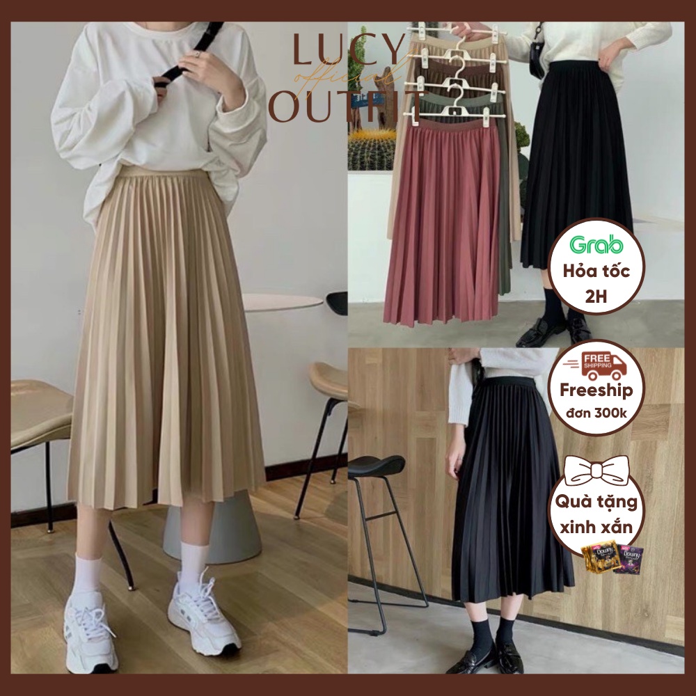 [Quà tặng là chun tóc nữ tính nhiều màu] Chân váy xếp ly dáng dài cạp chun vải silk cát Lucy Outfit thiết kế