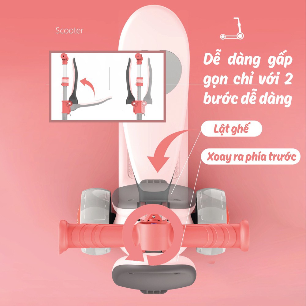 Scooter cho bé từ 1,5 tuổi, chịu lực 60Kg, 3 bánh to phát sáng vĩnh cửu, có ghế gấp gọn - Xe trượt scooter | BH 12 Tháng