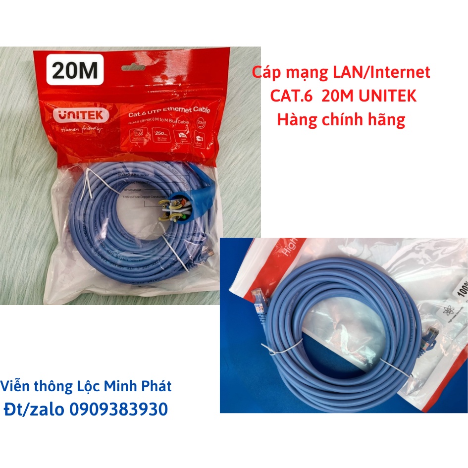 Dây cáp mạng LAN Internet bấm sẵn 2 đầu chuẩn CAT 6 UNITEK dài 20 MÉT