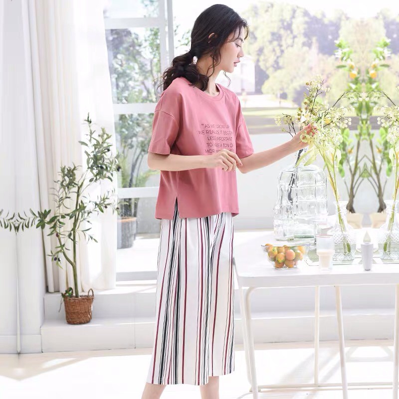 Bộ lửng mặc nhà cotton in chữ quần kẻ