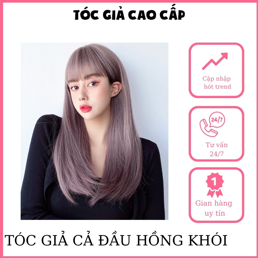 Tóc giả nữ nguyên đầu màu hồng khói, thẳng lỡ xám hồng, tặng kèm lưới trùm tóc, wig