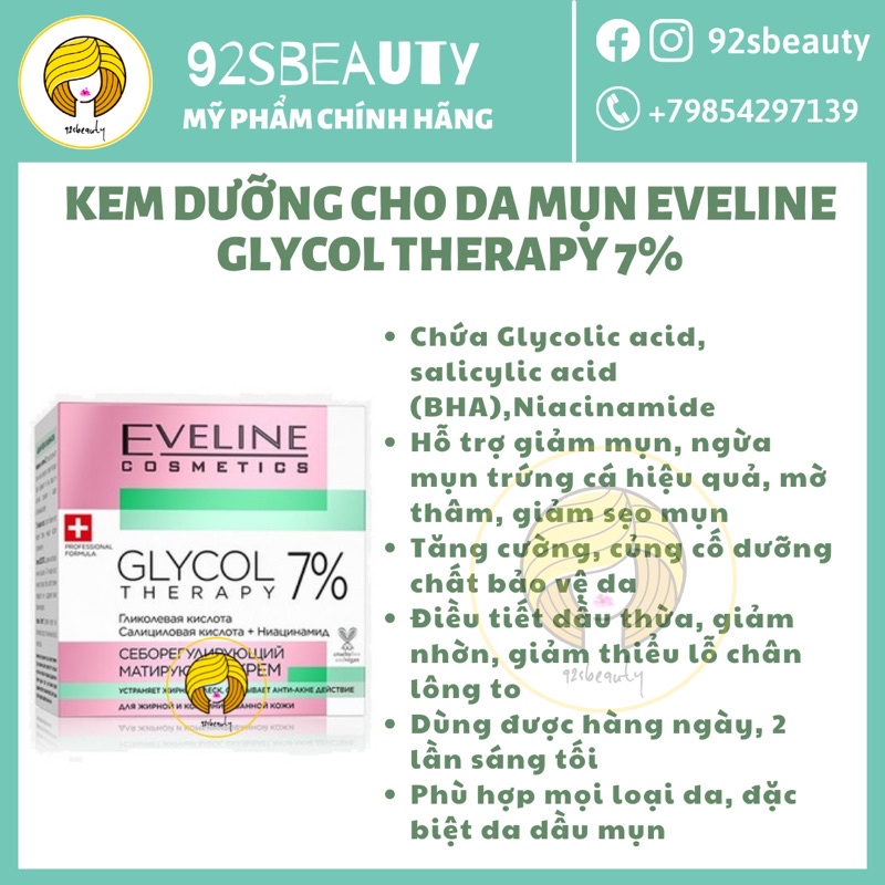 Kem dưỡng cho da mụn Eveline Glycol Therapy 7% ngừa mụn, mờ thâm