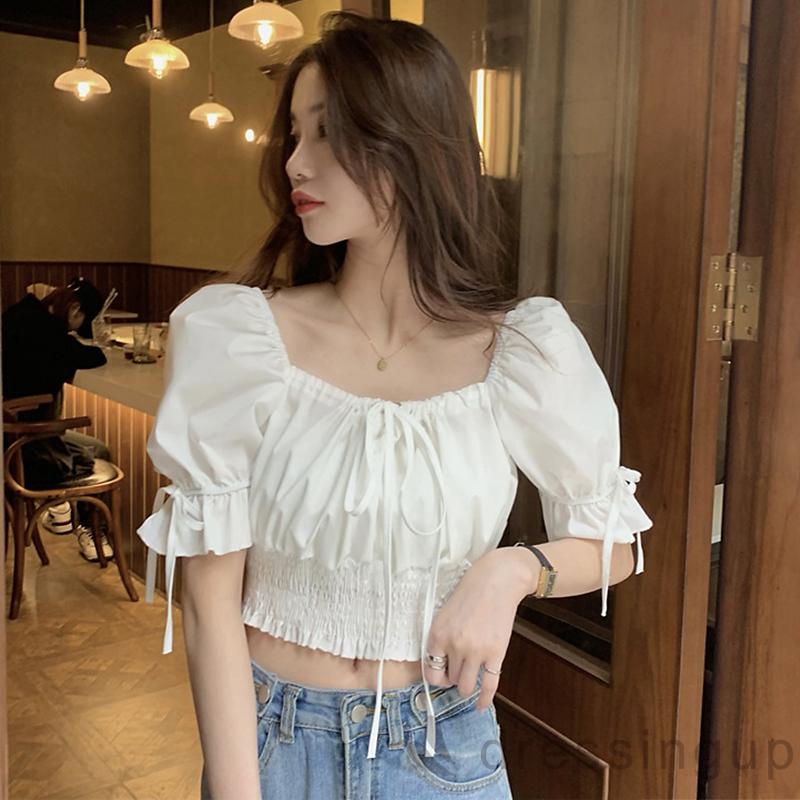 Áo Thun Tay Ngắn Phồng Ngắn Màu Trơn Có Dây Buộc Dành Cho Nữ