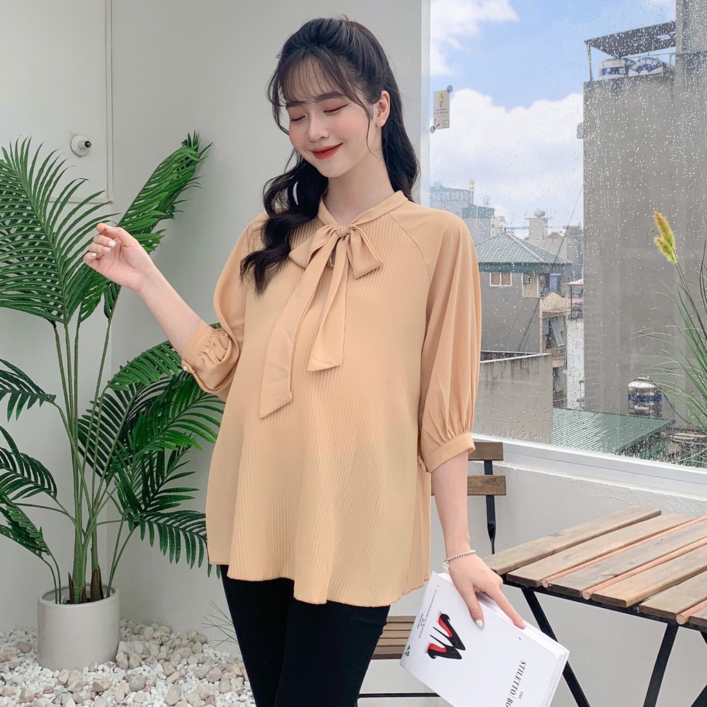 MEDYLA - Áo sơ mi bầu công sở chiffon dập ly cho bầu đi làm, đi chơi cực xinh - ASM082