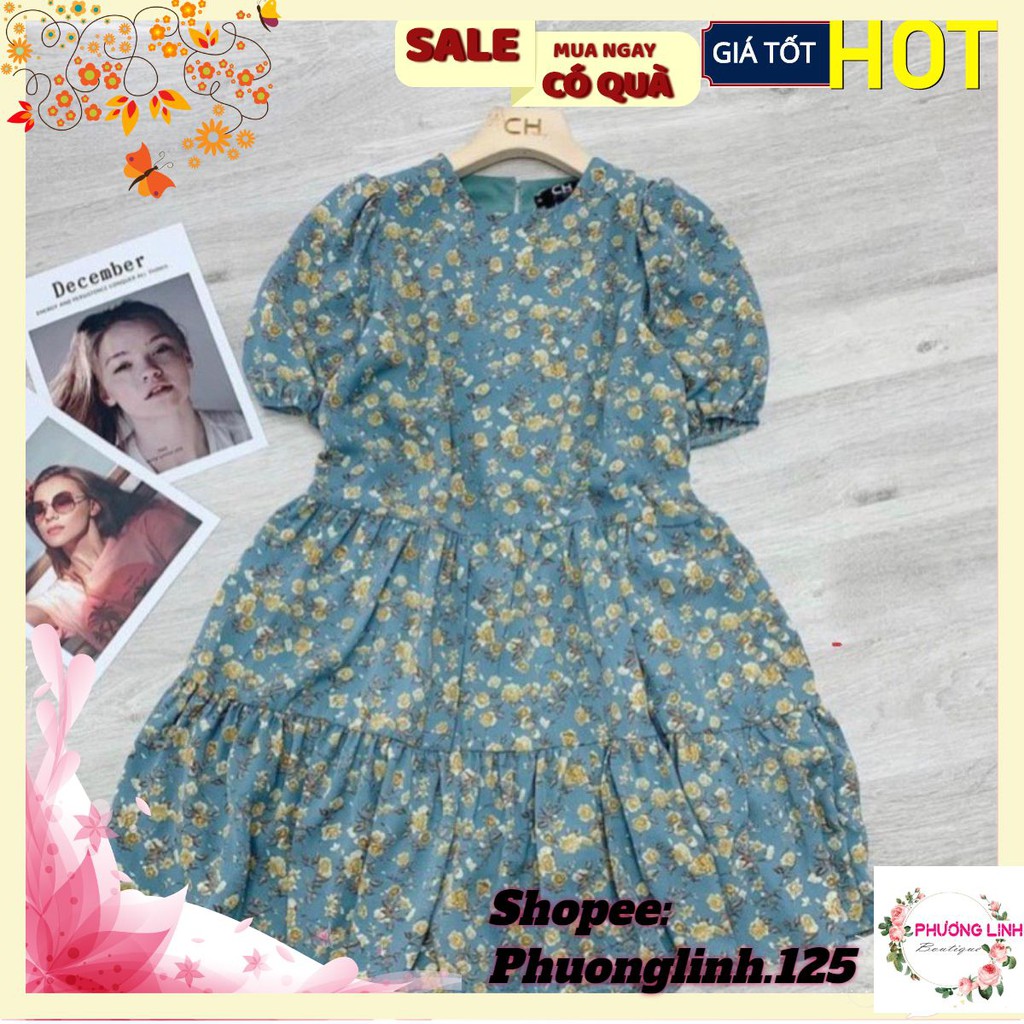 VÁY VOAN XANH HOA VÀNG 3 TẦNG TAY CỘC | BigBuy360 - bigbuy360.vn
