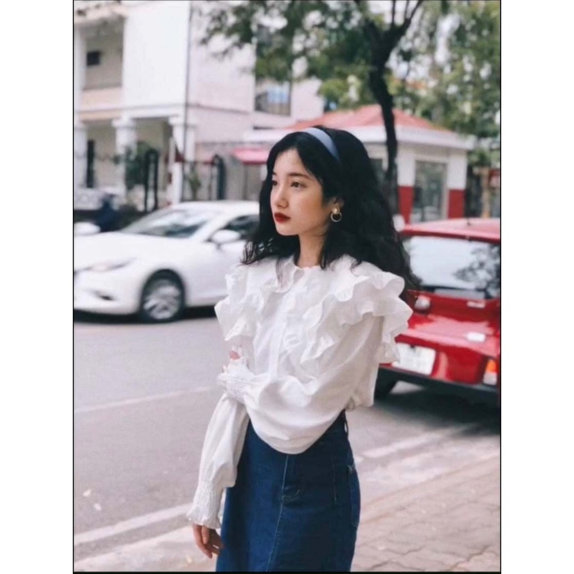 Áo sơ mi trắng nữ cổ bèo tay bồng bo chun tiểu thư form rộng vừa đi chơi đi làm năng động trẻ trung ASM03