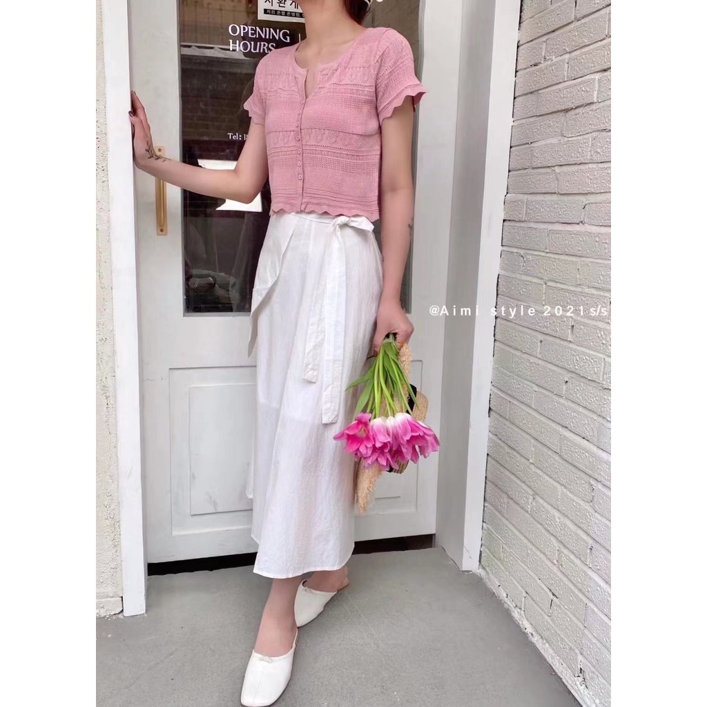 Porozi  Áo kiểu  dệt kim tay ngắn cổ chữ V phong cách Hàn Quốc