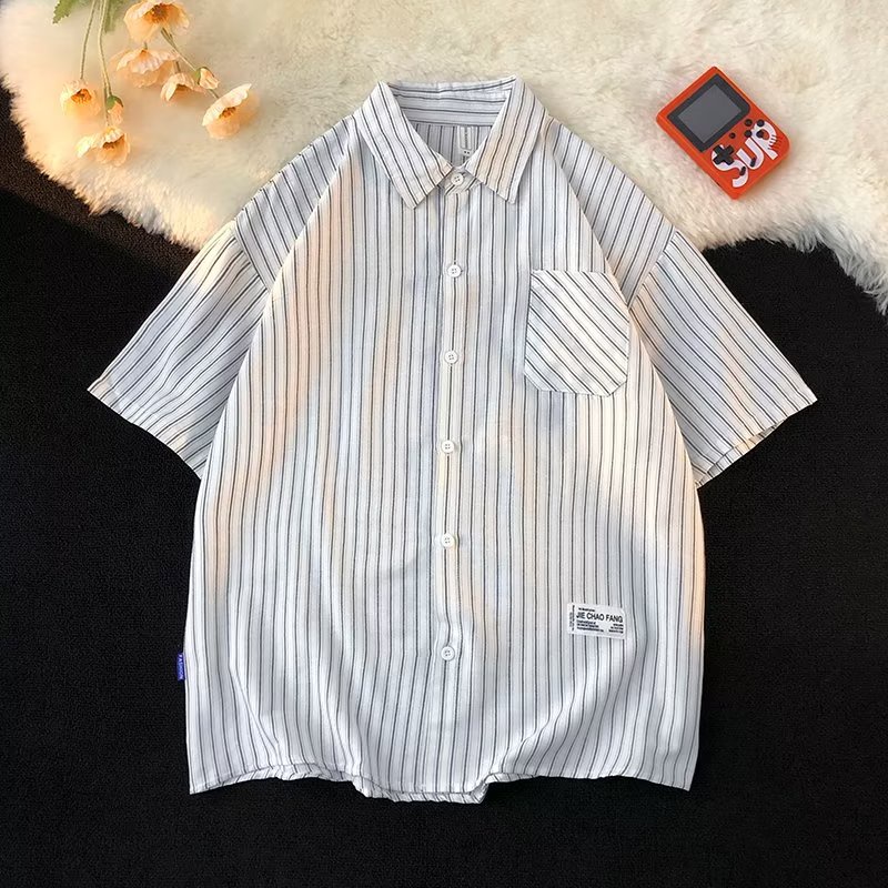 Áo Sơ Mi Tay Ngắn Kẻ Sọc Màu Xanh Dương Phong Cách Hong Kong Thời Trang Mùa Hè Cho Nam Size M-3XL
