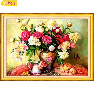 Tranh đính đá kích thước nhỏ Bình hoa mẫu đơn Vs338 (75x55cm) [KHO SỈ] Tranh chất lượng cao
