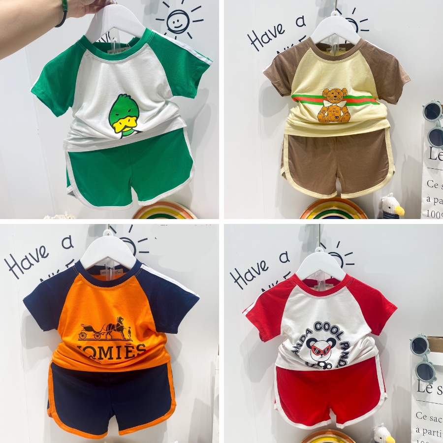 [Bé 0-6 tuổi] Bộ Cộc Tay Cổ Tròn Minky Mom Vải Thun Lạnh Phối Sọc Vai Cho Bé Trai, Bé Gái Từ 8-27 kg - Mã: TN-IN121