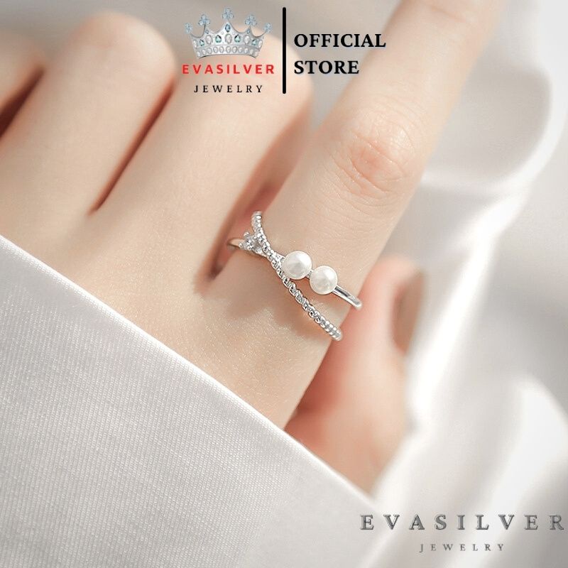 Nhẫn bạc nữ kiểu xoắn đính hạt trai nhân tạo, Nhẫn hở free size - Trang sức bạc Evasilver