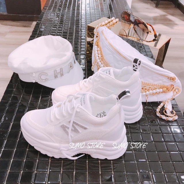 [Mã FAGREEN245 giảm 10% tối đa 30k đơn từ 99k] Giày độn đế nữ 7p trắng full chữ M nhũ cực đẹp