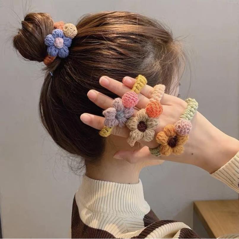 (0194) Chun Buộc Tóc Len Hoa Màu Sắc Vintage Dễ Thương Dành Cho Nữ